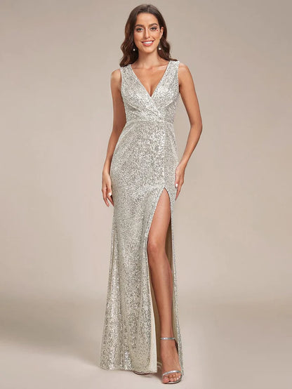 Wholesa Shiny Sleeveless Sequin Deep V-Neck High Split Evening Dress