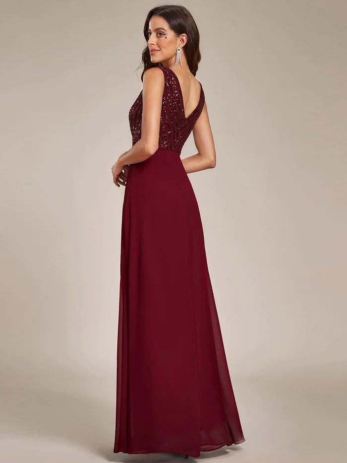 Wholesa Sparkling Sequin V-Neck A-Line Evening Dress