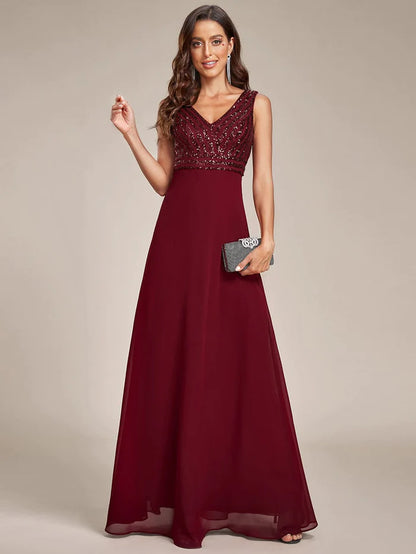 Wholesa Sparkling Sequin V-Neck A-Line Evening Dress