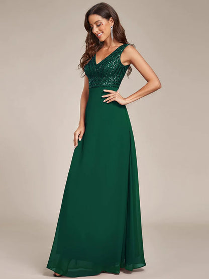 Wholesa Sparkling Sequin V-Neck A-Line Evening Dress