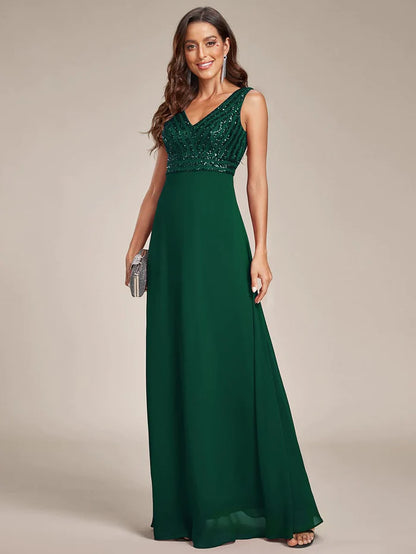 Wholesa Sparkling Sequin V-Neck A-Line Evening Dress