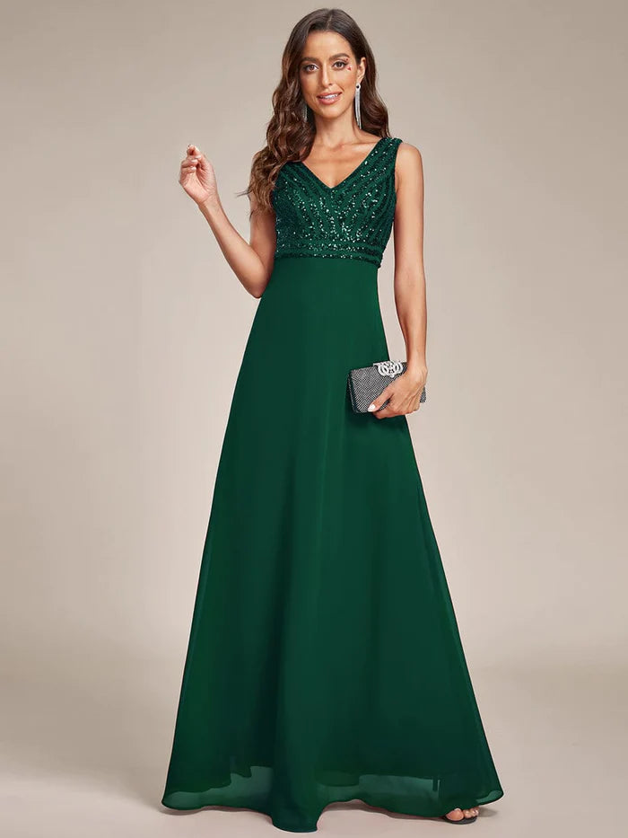 Wholesa Sparkling Sequin V-Neck A-Line Evening Dress