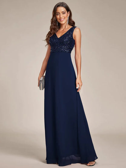 Wholesa Sparkling Sequin V-Neck A-Line Evening Dress