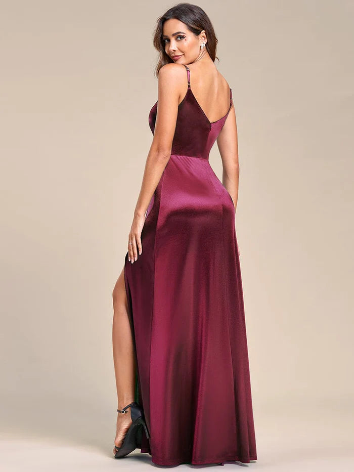 Wholesa Spaghetti Straps V-Neck Sleeveless Satin High Side Slit Evening Dress