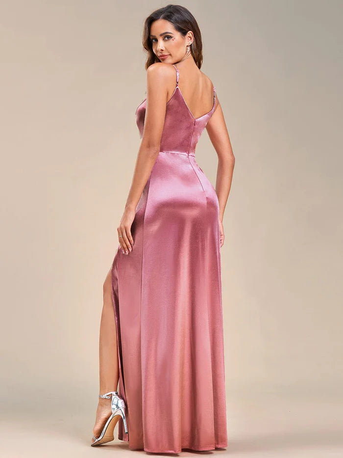 Wholesa Spaghetti Straps V-Neck Sleeveless Satin High Side Slit Evening Dress