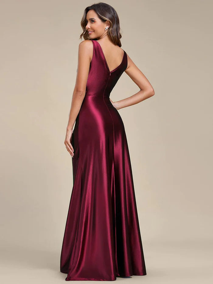 Wholesa Elegant V Neck Pleated High Slit Satin Evening Dress