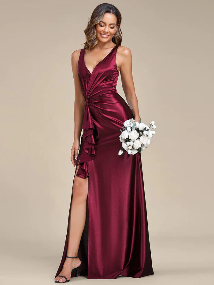 Wholesa Elegant V Neck Pleated High Slit Satin Evening Dress