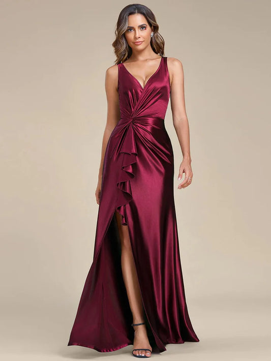 Wholesa Elegant V Neck Pleated High Slit Satin Evening Dress