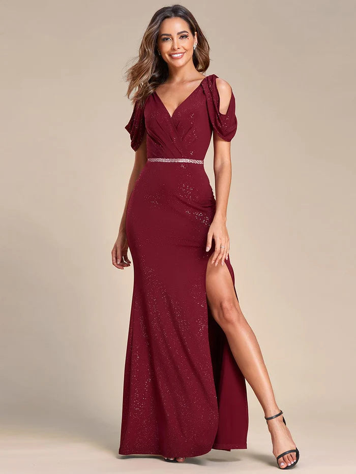 Wholesa Cold Shoulder Puff Sleeve Shiny Belt Backless Glitter Evening Dress