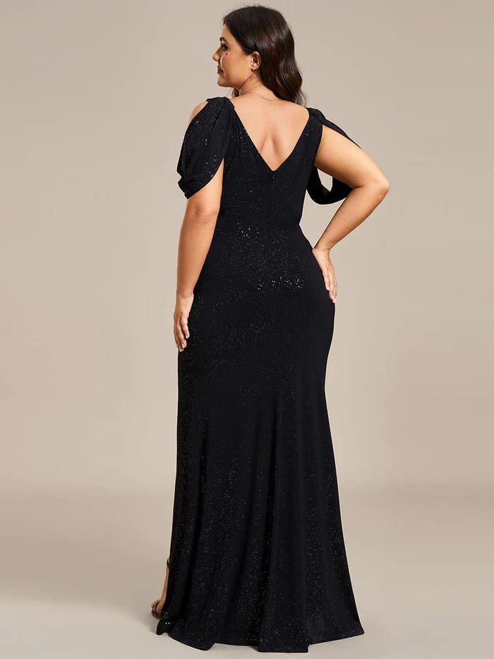 Wholesa Cold Shoulder Puff Sleeve Shiny Belt Backless Glitter Evening Dress