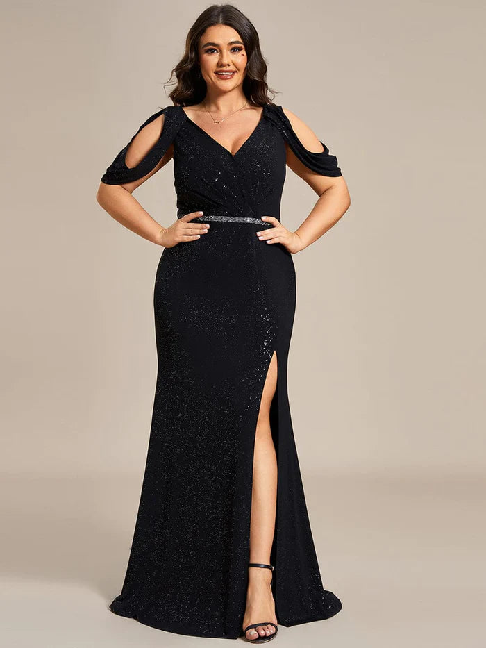 Wholesa Cold Shoulder Puff Sleeve Shiny Belt Backless Glitter Evening Dress