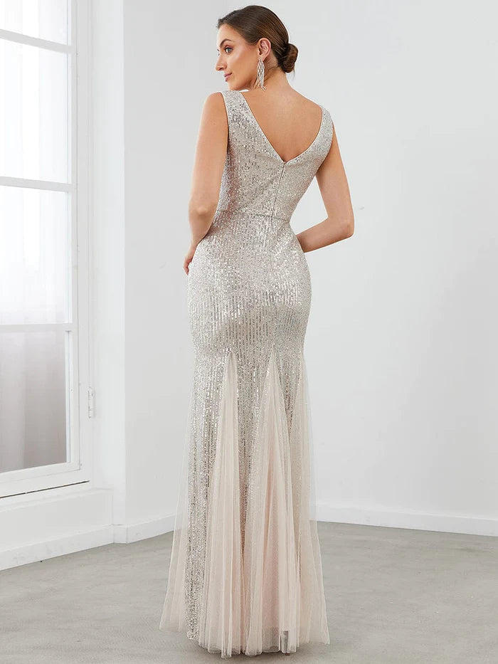 Wholesa Sleeveless Bodycon Asymmetrical Hem Sequin Evening Dress