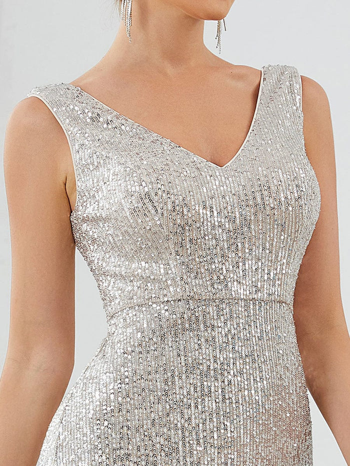 Wholesa Sleeveless Bodycon Asymmetrical Hem Sequin Evening Dress