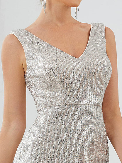 Wholesa Sleeveless Bodycon Asymmetrical Hem Sequin Evening Dress