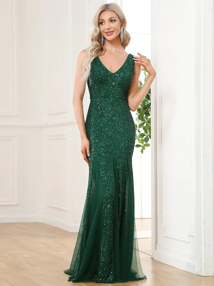 Wholesa Sleeveless Bodycon Asymmetrical Hem Sequin Evening Dress