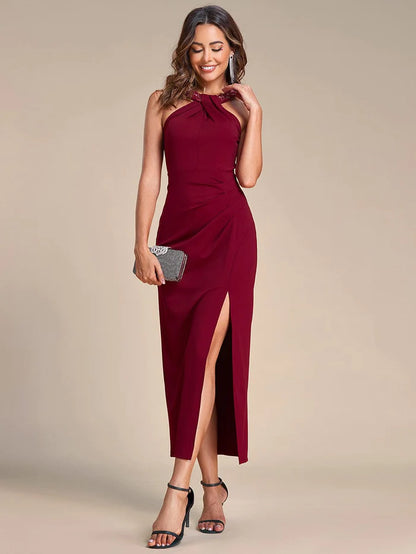 Wholesa Sleeveless Halter Neck High Slit Stretch Evening Dress with Sequin