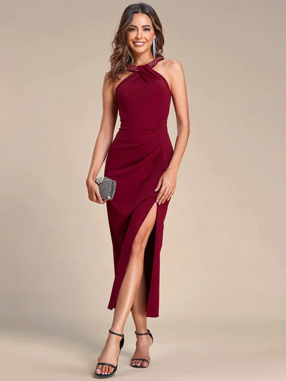 Wholesa Sleeveless Halter Neck High Slit Stretch Evening Dress with Sequin