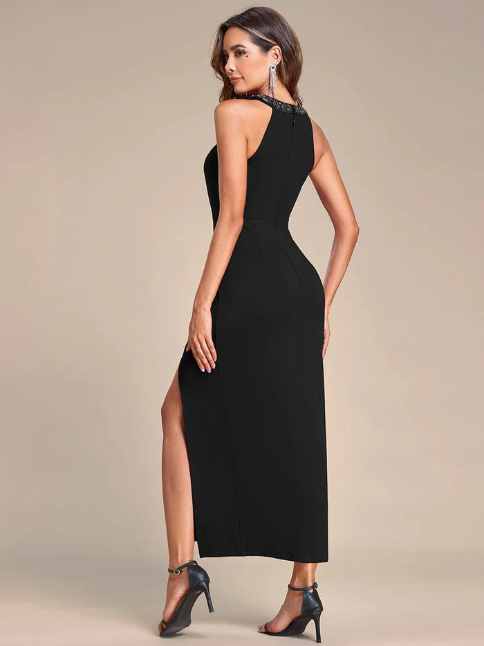 Wholesa Sleeveless Halter Neck High Slit Stretch Evening Dress with Sequin