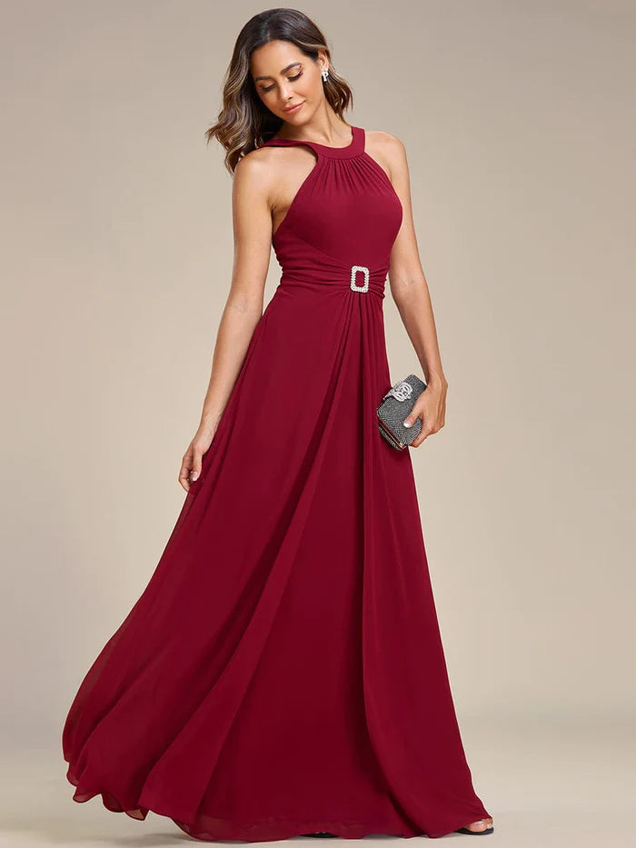 Wholesa Graceful Halter Neck Chiffon Maxi Evening Dress