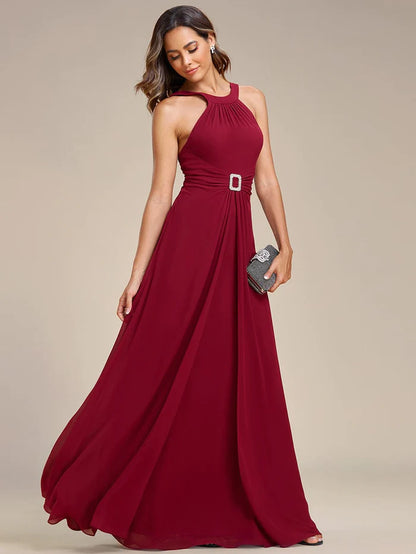 Wholesa Halter Neck Pleated Chiffon Waist Buckle Decoration Maxi Evening Dress