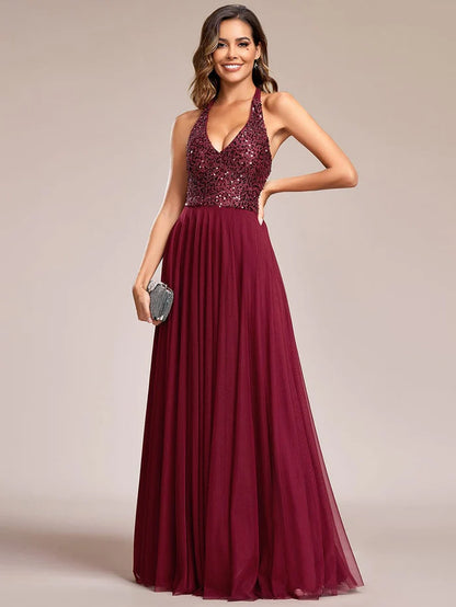 Wholesa Sequin Halter Neck Top A-Line Backless Evening Dress with Tulle