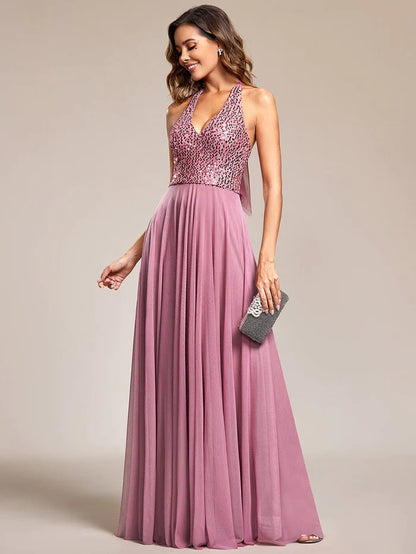 Wholesa Sequin Halter Neck Top A-Line Backless Evening Dress with Tulle