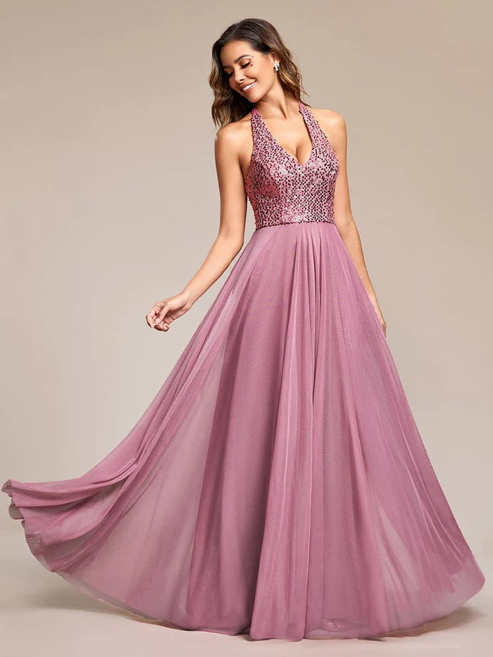 Wholesa Sparkling Sequin Halter Neck A Line Tulle Evening Dress