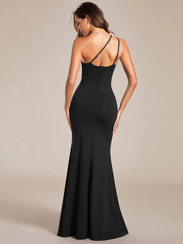 Wholesa One-Shoulder Shining Back Spaghetti Strap Pleated Lotus Leaf Bodycon Evening Dress