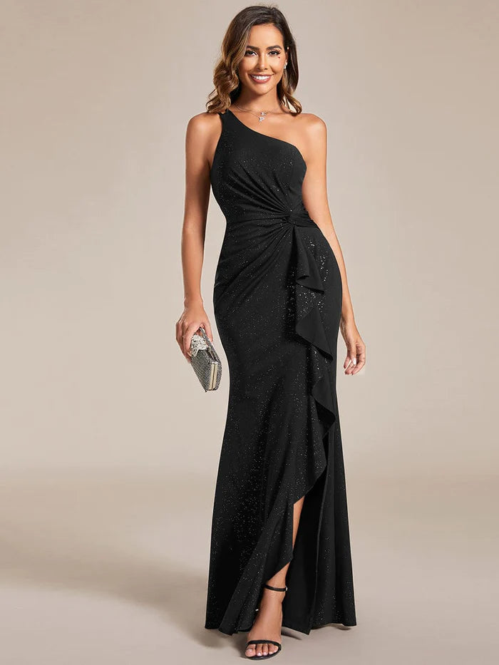 Wholesa One-Shoulder Shining Back Spaghetti Strap Pleated Lotus Leaf Bodycon Evening Dress