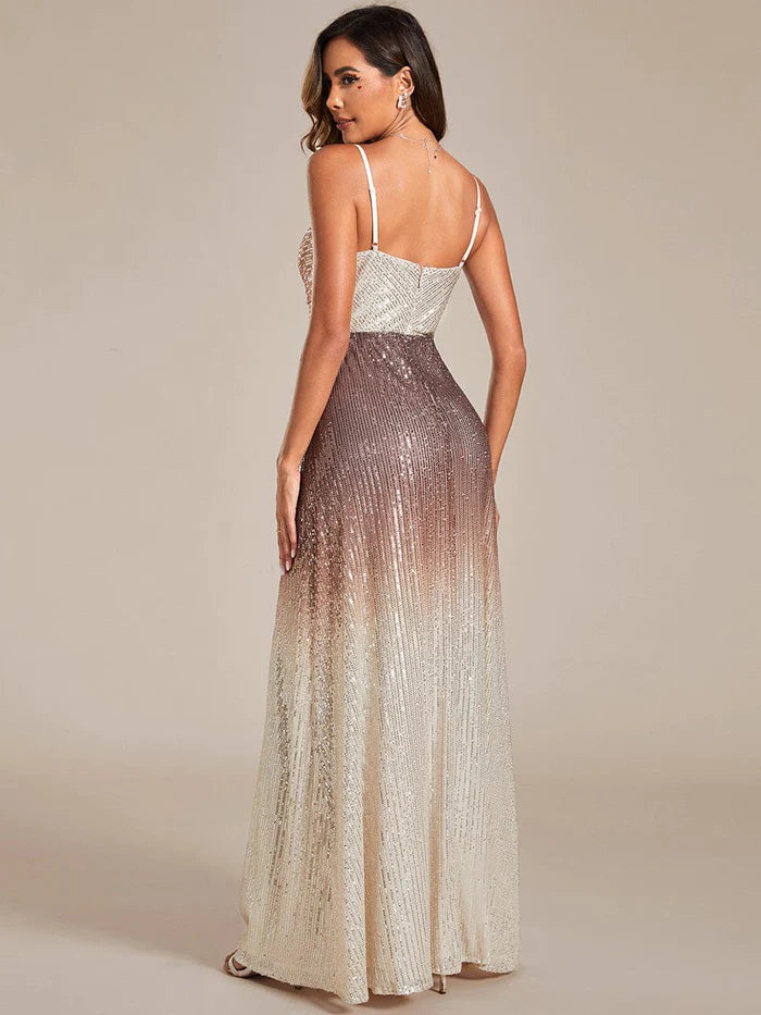 Wholesa Gradient Sequin Spaghetti Strap V-Neck Long Evening Dress