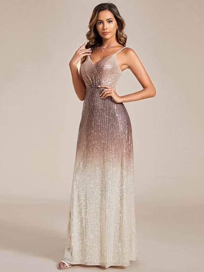 Wholesa Gradient Sequin Spaghetti Strap V-Neck Long Evening Dress