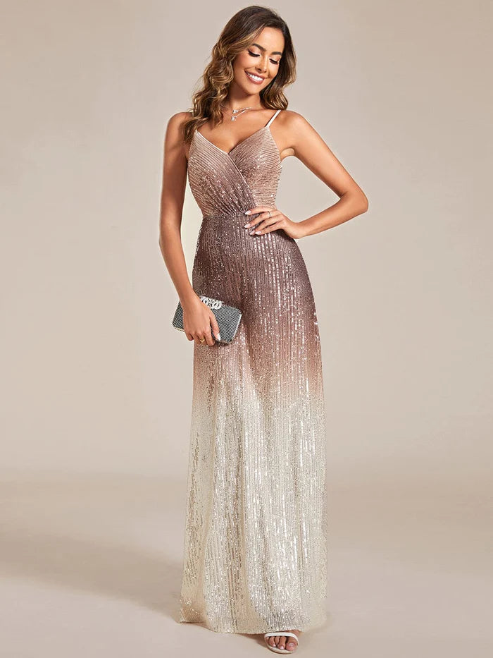 Wholesa Gradient Sequin Spaghetti Strap V-Neck Long Evening Dress