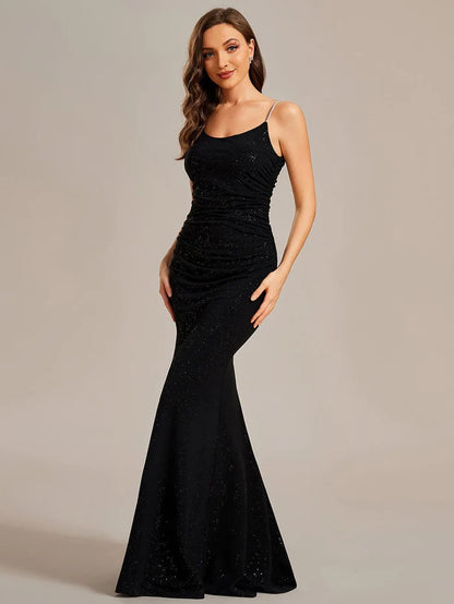 Wholesa Sparkling Glitter Spaghetti Strap Open Back Bodycon Evening Dress