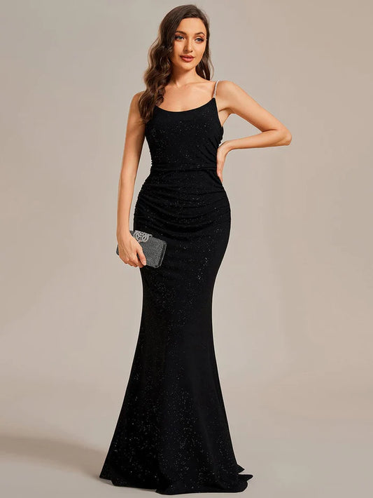 Wholesa Sparkling Glitter Spaghetti Strap Open Back Bodycon Evening Dress