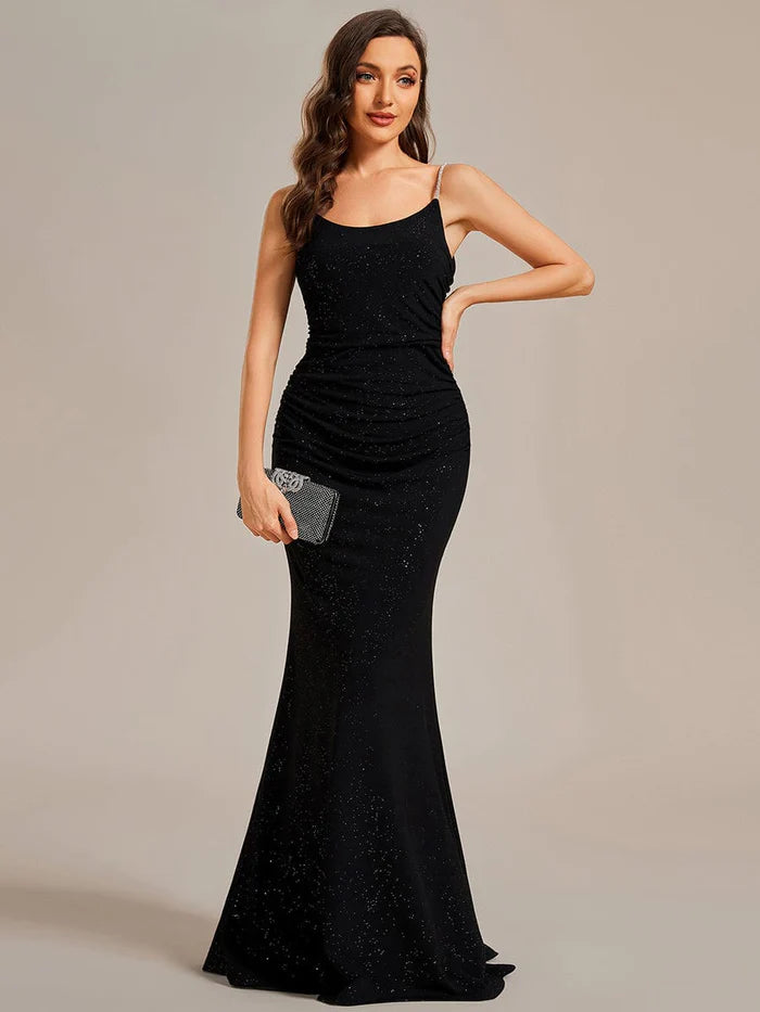 Wholesa Glitter Spaghetti Strap U-Veck Open Back Bodycon Stretchy Evening Dress