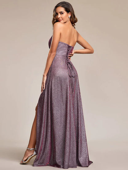 Wholesa Shimmering Strapless A-Line Pleated Back-Laced High Slit Evening Dress