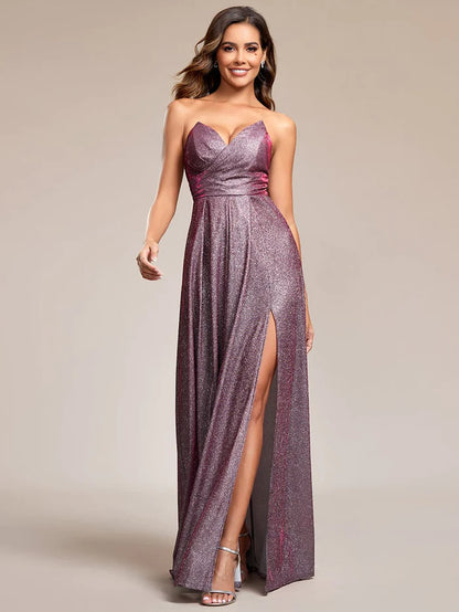 Wholesa Shimmering Strapless A-Line Pleated Back-Laced High Slit Evening Dress