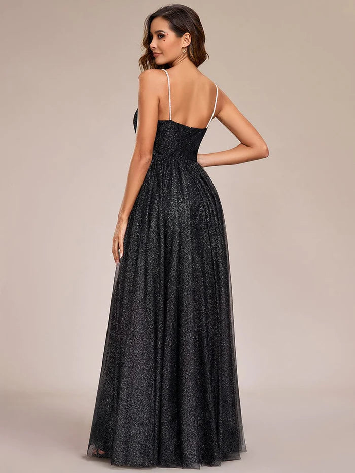 Wholesa Koutun Glittering Spaghetti Straps Open Back A-Line Evening Dress