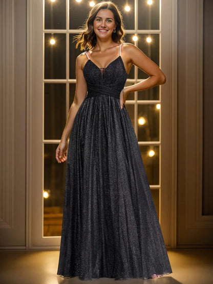 Wholesa Koutun Glittering Spaghetti Straps Open Back A-Line Evening Dress