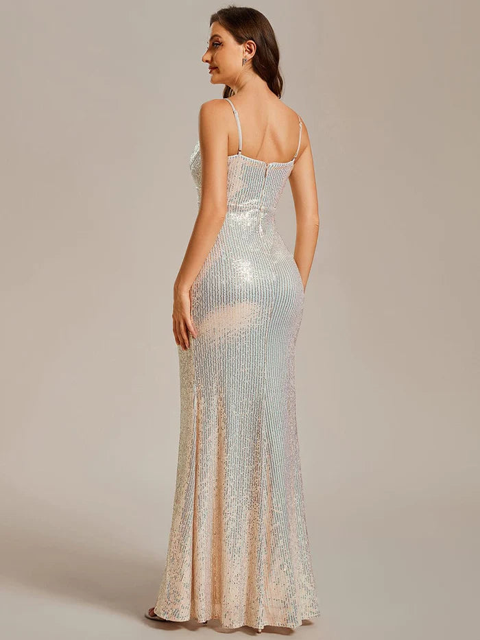 Wholesa Sparkling V Neck Sequin Evening Dress with Adjustable Spaghetti Straps