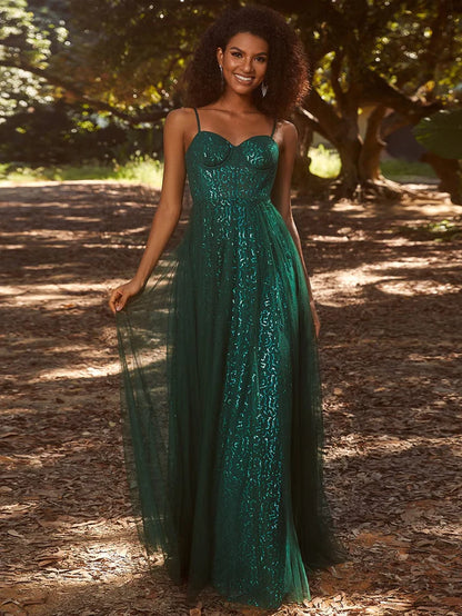 Wholesa Elegant Sequin Spaghetti Strap A-Line Evening Dress