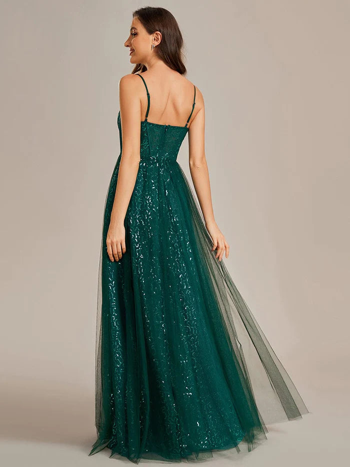 Wholesa Elegant Sequin Spaghetti Strap A-Line Evening Dress