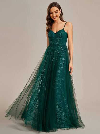 Wholesa Elegant Sequin Spaghetti Strap A-Line Evening Dress