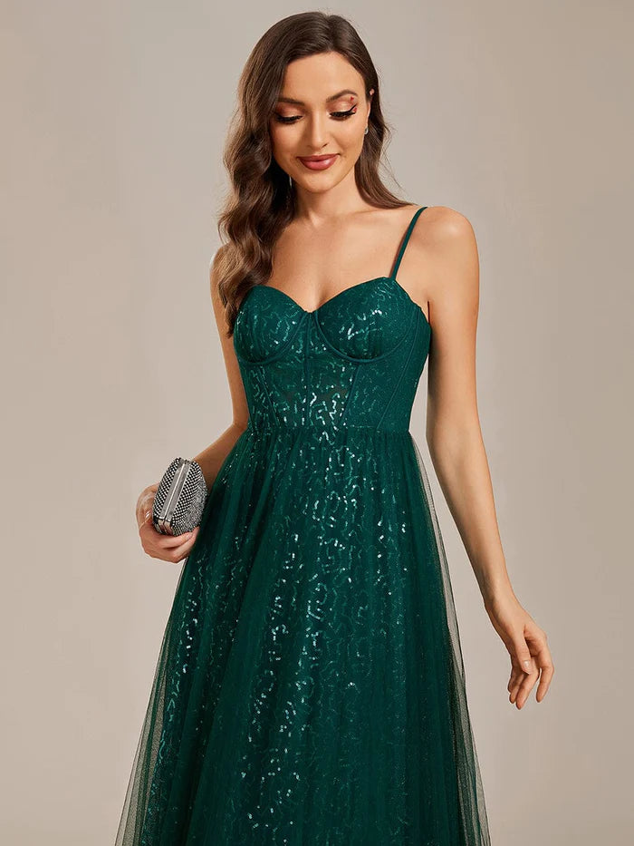 Wholesa Elegant Sequin Spaghetti Strap A-Line Evening Dress