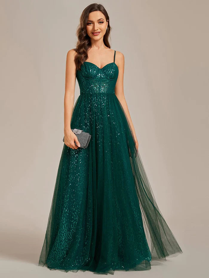 Wholesa Elegant Sequin Spaghetti Strap A-Line Evening Dress