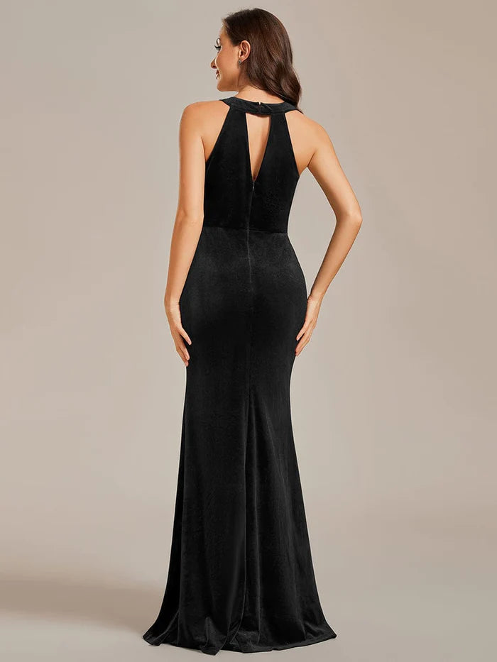 Wholesa Halter Sleeveless Velvet Evening Dress with Shiny Belt