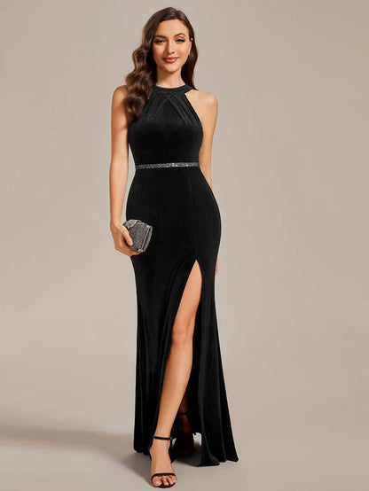 Wholesa Halter Sleeveless Velvet Evening Dress with Shiny Belt