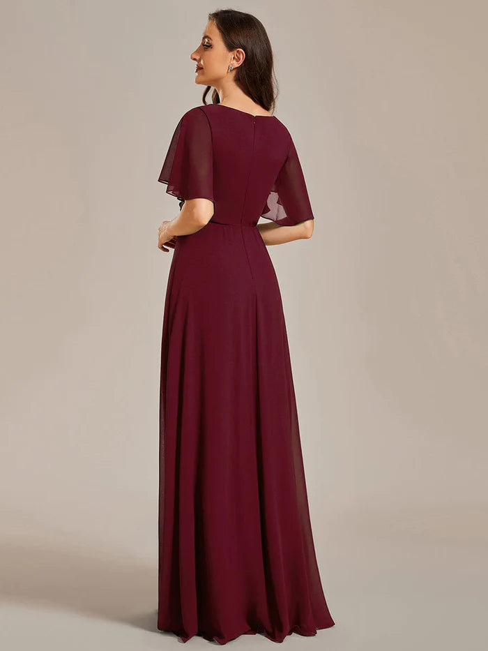 Wholesa Elegant Chiffon Applique Evening Dress with Flutter Sleeves