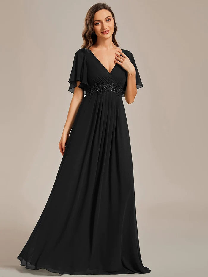 Wholesa Elegant Chiffon Applique Evening Dress with Flutter Sleeves