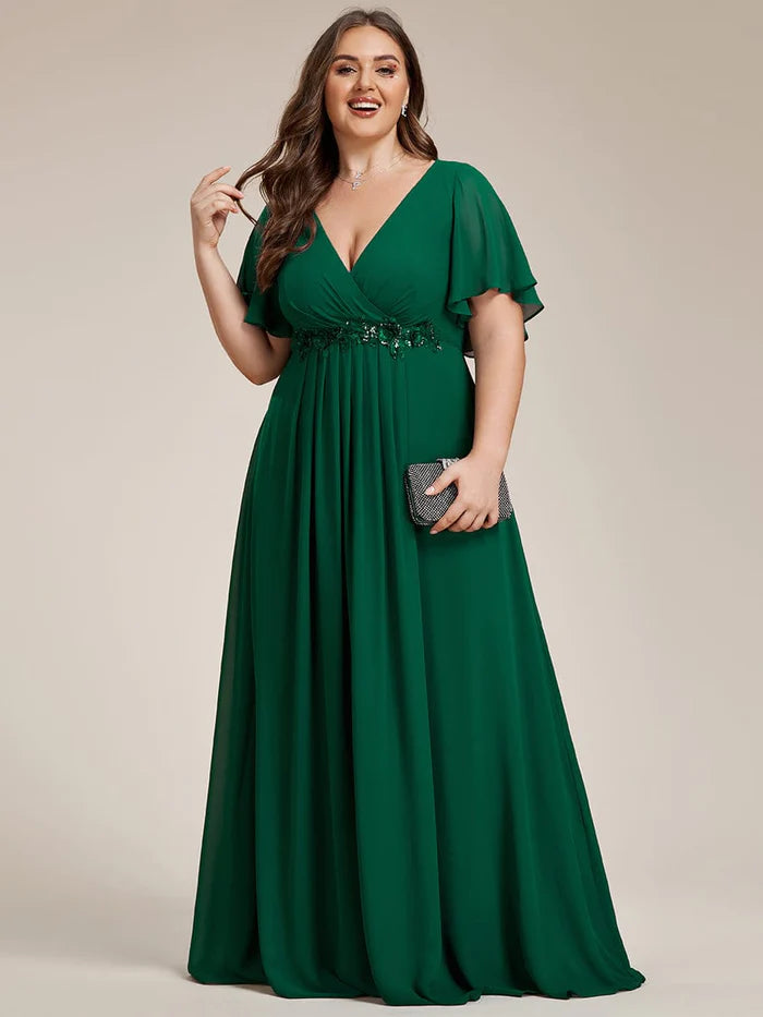 Wholesa Elegant Chiffon Applique Evening Dress with Flutter Sleeves